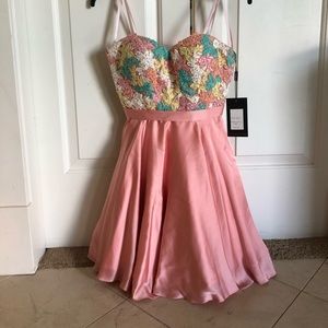 La Femme peach pink satin prom dress